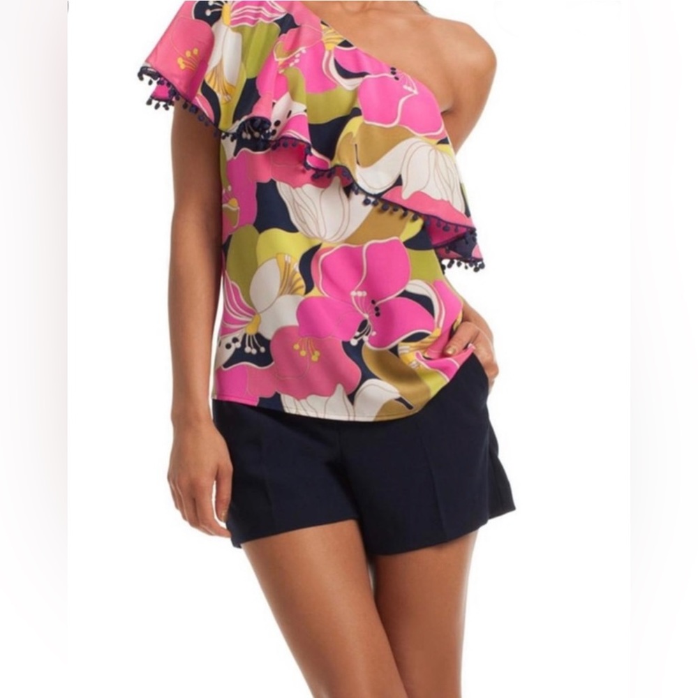 NWT *TRINA TURK* One Shoulder 🌺KAHE🌺 Silk Blouse … *Tropical Floral* … Size: S